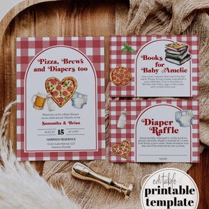 Pizza Brews Diapers Baby Shower Invitation, Printable Italian Pizza Beer Baby Shower Invite Suite, Editable Pizza Slice Party Template #068