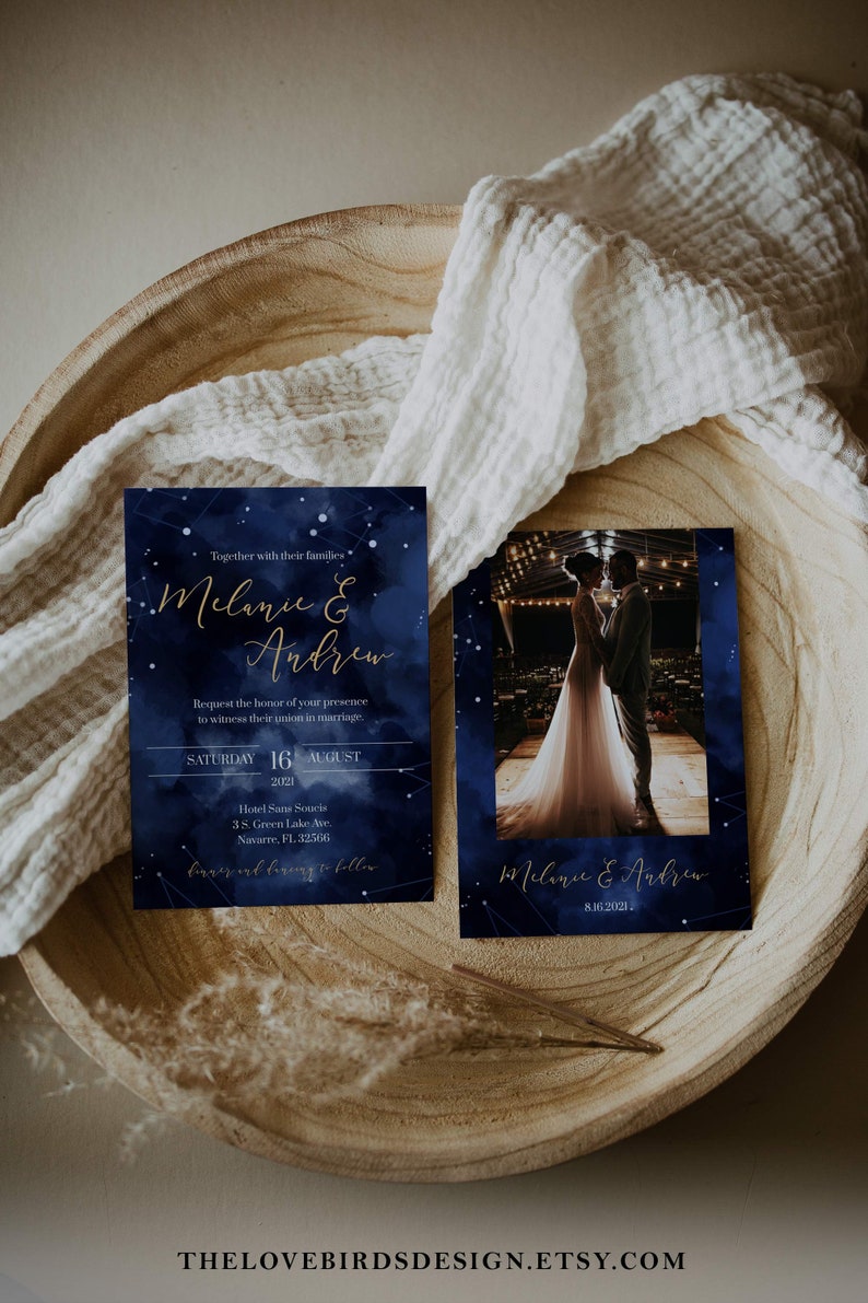 Celestial Starry Night Wedding Invitation Template, Moon Wedding Invite Bundle for Navy Blue and Gold 066 image 2