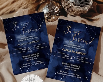 Celestial Sweet 16 Invitation Template, Starry Night Birthday or Quinceañera Editable Party 066CE-BINV