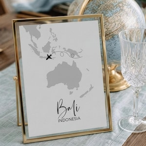May include: A framed print with a gold border features a map of the world with a dotted line and airplane icon over Bali, Indonesia. A globe and a crystal glass are in the background.