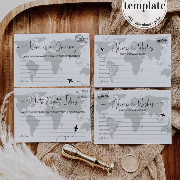 Advice and Wishes Card Bundle with Date Night Ideas and Love is a Journey Card, Bridal Shower Advice Card Template for travel party #072w