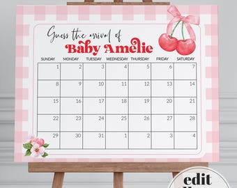 Peut inclure: Un jeu de baby shower imprimable avec un motif vichy rose et blanc. Le jeu est un calendrier pour deviner l'arrivée de Bébé Amelie. Le calendrier comporte les jours de la semaine et les numéros de 1 à 31. Il y a deux cerises rouges avec un ruban rose sur le dessus.