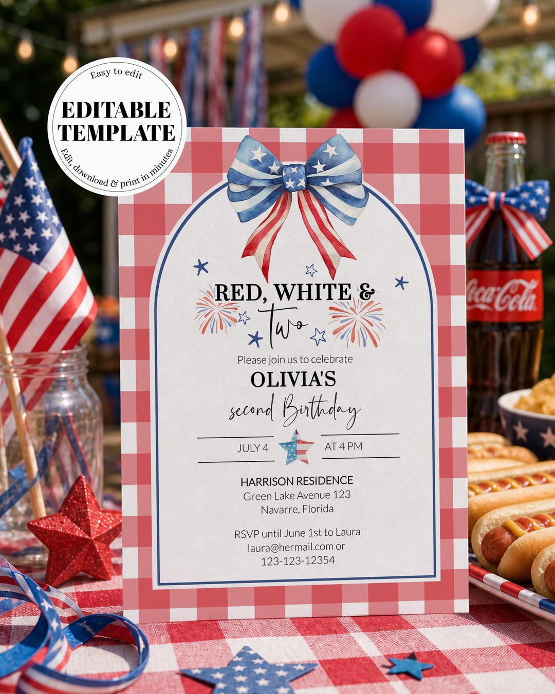 Red White and Two Birthday Invitation, Patriotic Backyard BBQ Summer ...