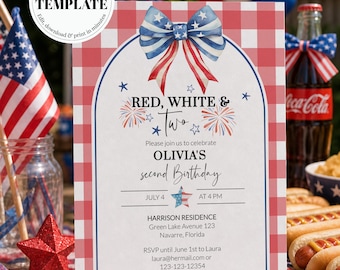 May include: A patriotic invitation with a red and white gingham background. The invitation features a bow with red, white, and blue stars and stripes. Text reads "RED, WHITE & TWO" and invites guests to Olivia's second birthday on July 4th.