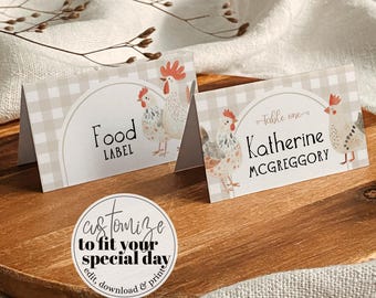 Chicken Birthday Place Card Template, Farm Animal Food Labels, Digital Download 005BE-PLCA