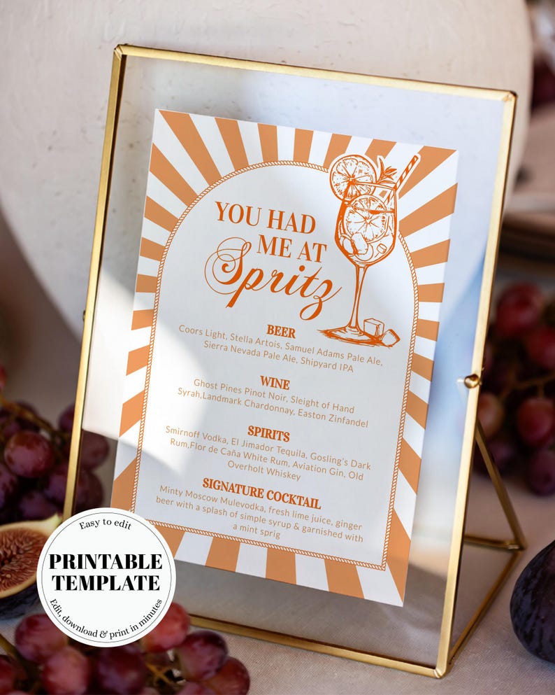 Italian Spritz Bar Menu, Citrus Cocktail Sign, Editable Printable Summer Party Decor Template 027AS-BAME imagem 11