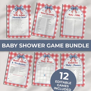 May include: A baby shower game bundle featuring six different games with a red and white checkered background. Each game card has a patriotic bow design. The bundle includes 12 editable games.