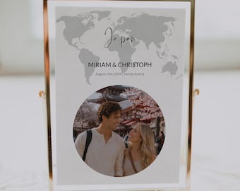 Couple Photo Table Numbers, World Map Travel Wedding Cards, Editable Destination Reception Template 072W-TBNR