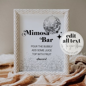 Disco-Thema Bach, Mimosa Bar Zeichen für die letzte Disco Party, Disco-Thema Partydekoration, Cocktail Drink Beschilderung, printable Vorlage #065d