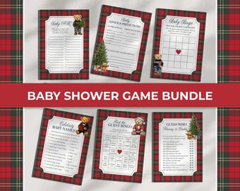 Christmas Teddy Bear Baby Shower Games Bundle, Red Green Winter Theme Printable 068CH-BSGAMEB