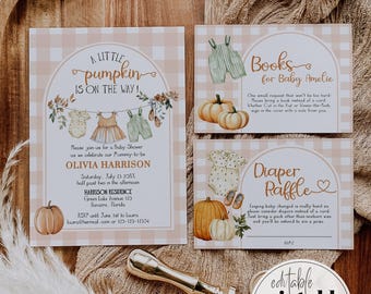 May include: Baby shower invitation set with a pumpkin theme. The set includes an invitation, a card for books for the baby, and a diaper raffle card. The invitation features the text "A Little Pumpkin is on the Way!" and event details. A gold-colored wax seal is also present.