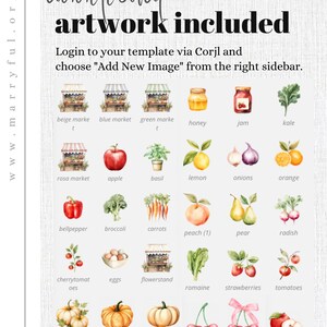 May include: A chart with watercolor illustrations of various fruits, vegetables, and market-related items. The chart includes images of a peach, apple, lemon, onion, bell pepper, broccoli, carrots, cherry tomatoes, eggs, a flower stand, romaine lettuce, strawberries, tomatoes, and more.