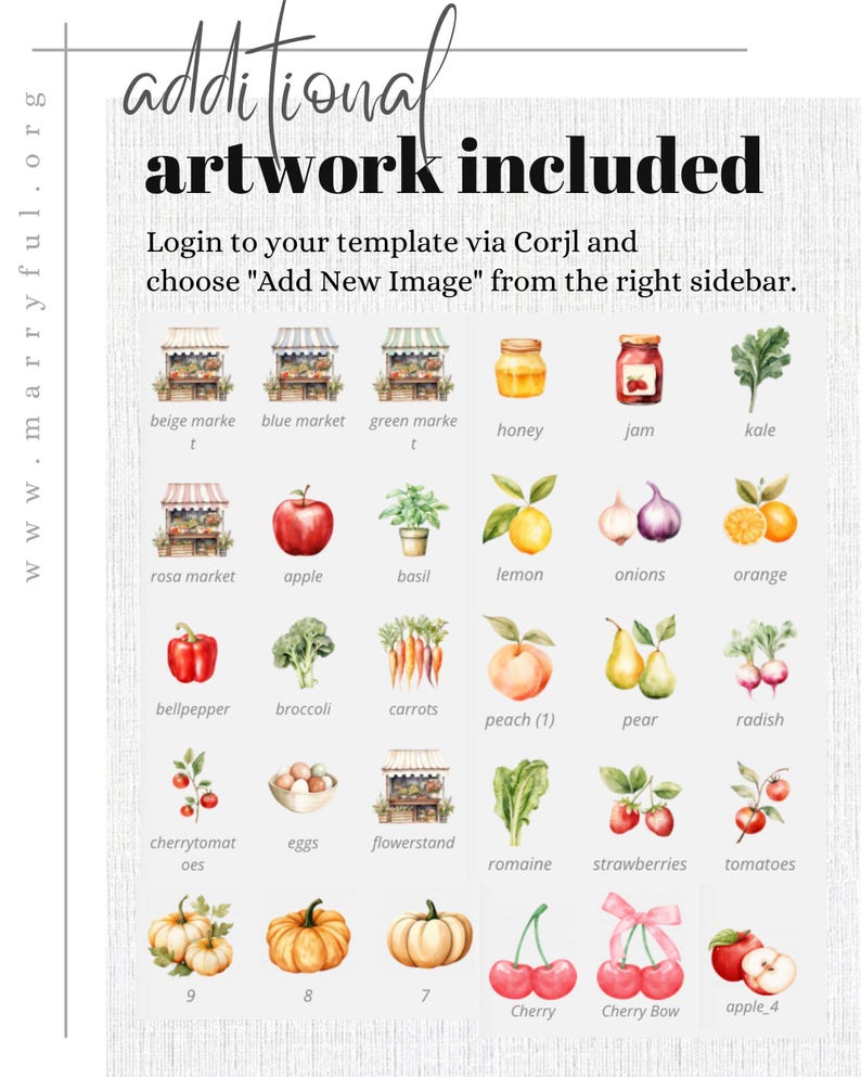 May include: A chart with watercolor illustrations of various fruits, vegetables, and market-related items. The chart includes images of a peach, apple, lemon, onion, bell pepper, broccoli, carrots, cherry tomatoes, eggs, a flower stand, romaine lettuce, strawberries, tomatoes, and more.