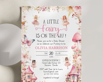 Little Fairy Baby Shower Invitation, Enchanted Garden Butterfly Mushroom Template 023FA-BSINV