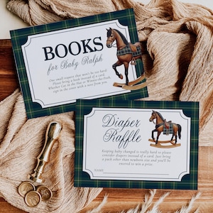 May include: Two baby shower invitation cards with a green plaid border and a rocking horse illustration. One card reads "Books for Baby Ralph" and the other says "Diaper Raffle". A gold wax stamp and seals are also visible.