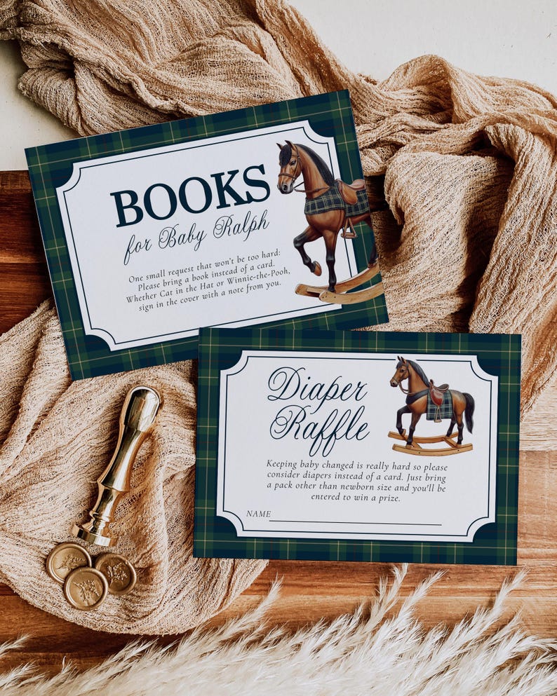 May include: Two baby shower invitation cards with a green plaid border and a rocking horse illustration. One card reads "Books for Baby Ralph" and the other says "Diaper Raffle". A gold wax stamp and seals are also visible.
