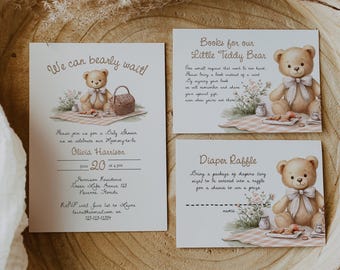 May include: Baby shower invitation set featuring a watercolor teddy bear illustration. The set includes an invitation, a book request card, and a diaper raffle card. The cards have a soft, neutral color palette with floral accents and text.
