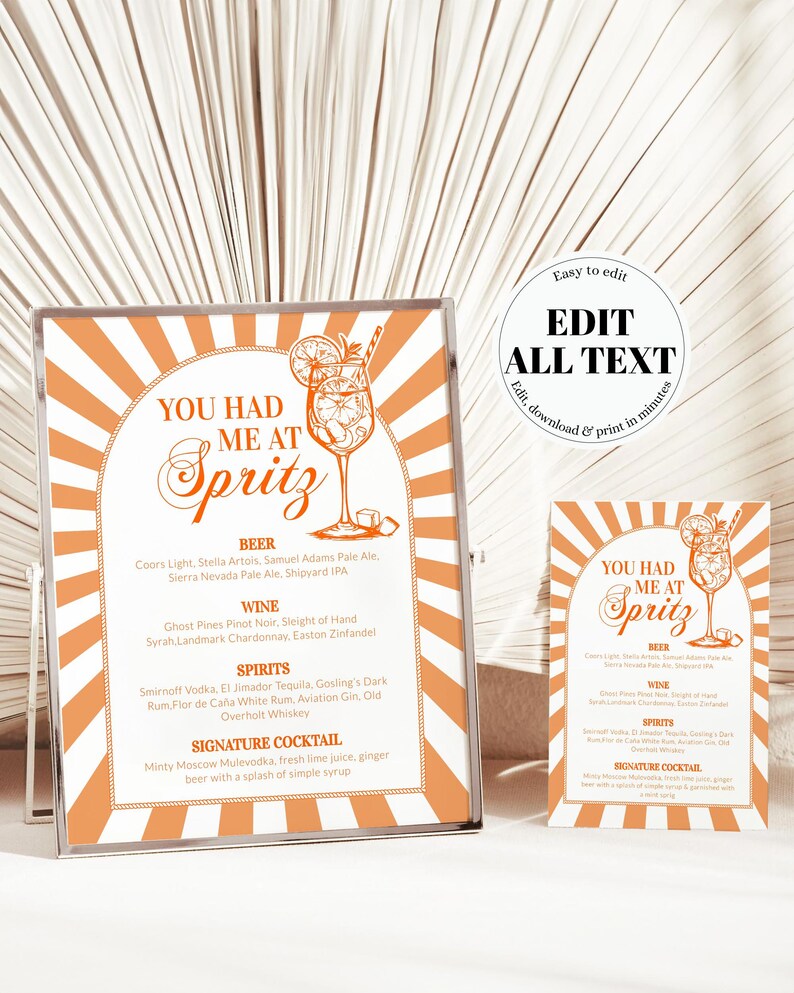 Italian Spritz Bar Menu, Citrus Cocktail Sign, Editable Printable Summer Party Decor Template 027AS-BAME imagem 6
