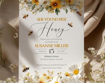 Honeybee Bridal Shower Invitation, She Found Her Honey Floral Bee Template 079HB-BRINV