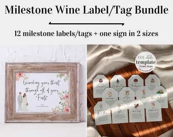 BUNDLE Marriage Milestone Wine Tags and Sign, Year of Firsts Wine Basket Tags, Wedding Milestone Wine Label Wedding Gift #072