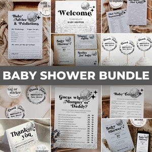 Disco babyshowerbundel met uitnodiging jaren 70 thema, groovy welkomstbord, douchespelletjes, decor, bedankkaart | Afdrukbare sjabloon #065d