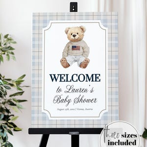 Polo Teddy Bear Baby Shower Welcome Sign Boys Classic Luxury Light Blue Bear Baby Shower Decoration Sign Vintage Plaid Template #068