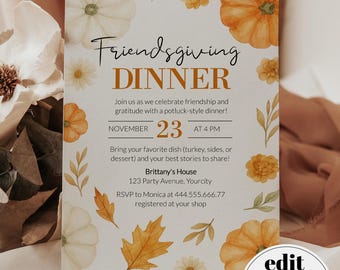 May include: A Friendsgiving dinner invitation featuring watercolour pumpkins, leaves, and flowers. The text reads "Friendsgiving Dinner" and includes event details: date, time, and RSVP information. The design has an autumnal and festive theme.