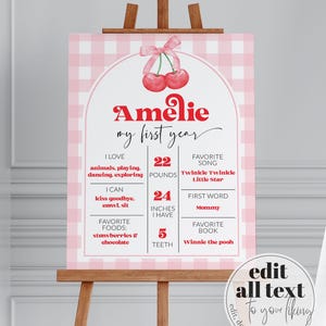 Cherry First Year Milestone Sign, Cherry on Top Themed Baby 1st Year Milestone Board, Coquette Cherry Decoration Template 1st Birthday #068