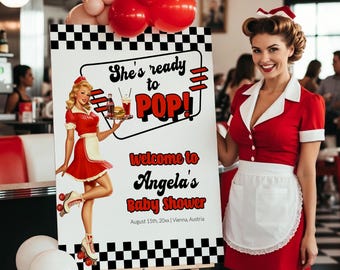 Shes Ready to Pop Welcome Sign Template, Retro Soda Bar Baby Shower Sign 081SS-WLCM