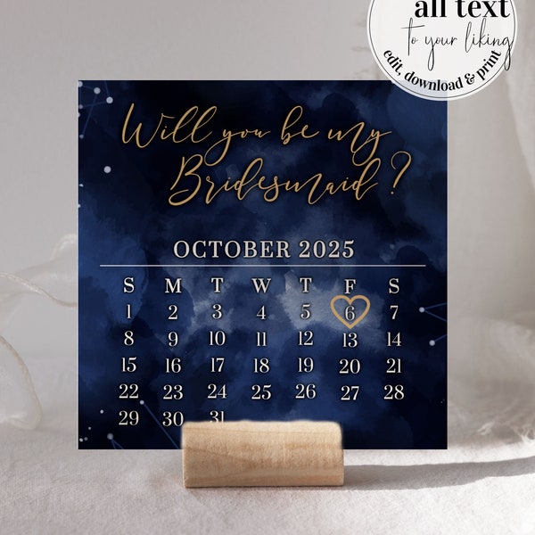 Celestial Bridesmaids Proposal Calendar Card for Maid of Honor, Starry Night Wedding Favor  #066