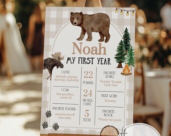 Beary First Birthday Milestone Sign Template, My First Year Board Printable 017HC-MISI
