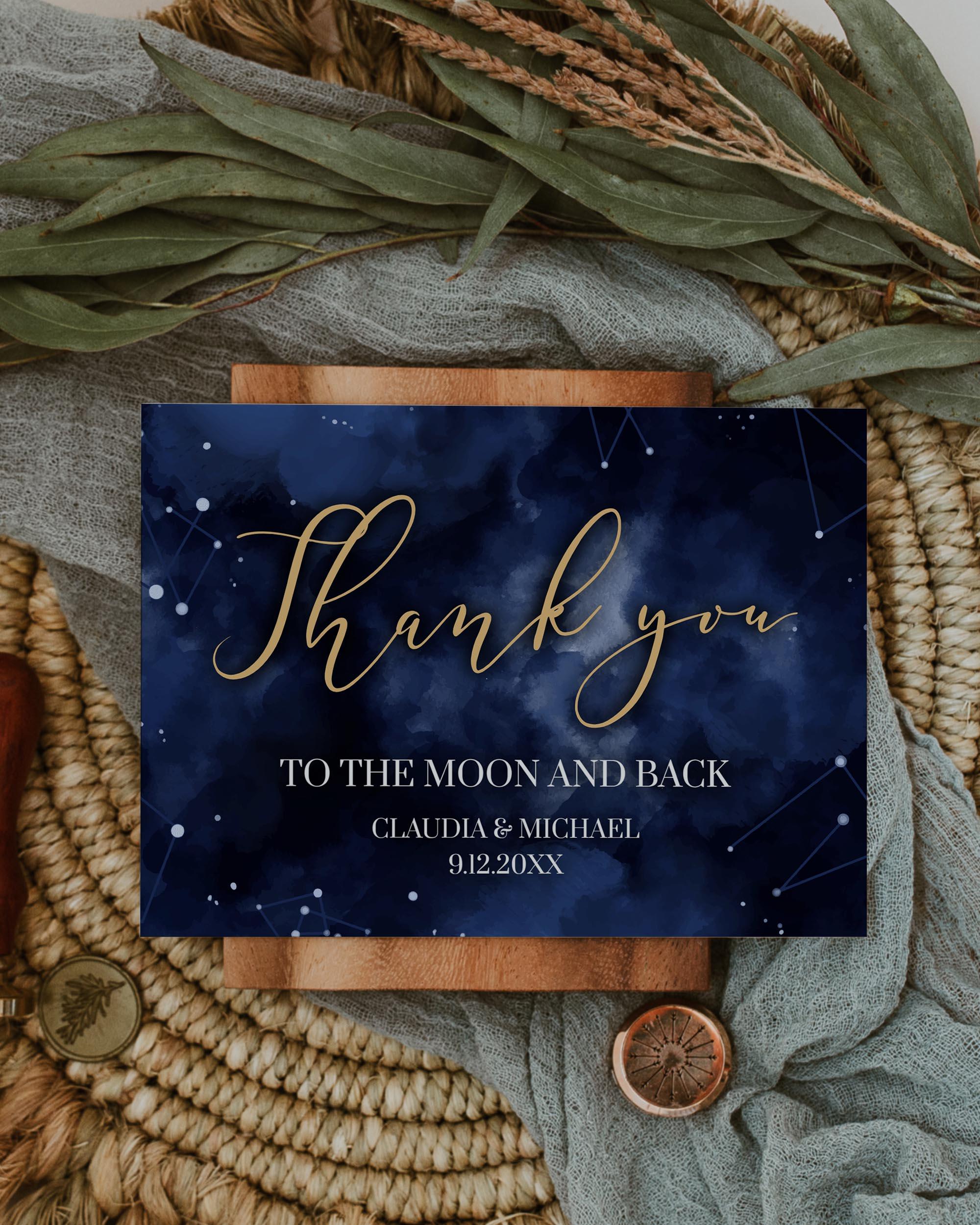 Thanks Fg Celestial Wedding Thank You Card Template, Navy Gold Starry Night ...
