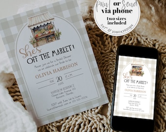 Shes Off the Market Bridal Shower Invitation Template, Farmers Market Gingham Invite 003FM-BRSINV
