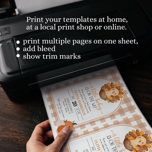 May include: A printer printing baby shower invitations with a turkey theme. The invitations have a tan and white checkered background and include the text "A Little Turkey Is On The Way". The printer also has the text "Print your templates at home, at a local print shop or online."