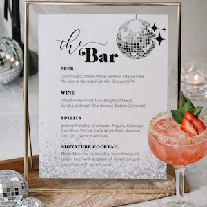 Disco Drink Menu Template, Retro Bar Sign, Disco Ball Wedding Decor 065D-BAME