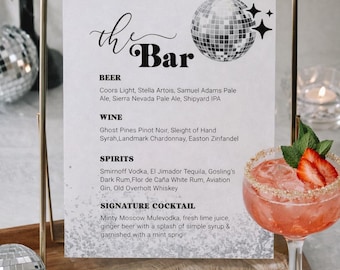 Disco Drink Menu Template, Retro Bar Sign, Disco Ball Wedding Decor 065D-BAME