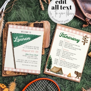 Camping Bachelorette Itinerary Girl Mountain Lake Bach Party Invite Summer Camp Hiking Bride Cabin Bridal Shower Invitation Template #072