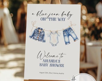 Denim Baby Shower Welcome Sign Template, Blue Jean Theme, Printable Template 013BJ-WLCM