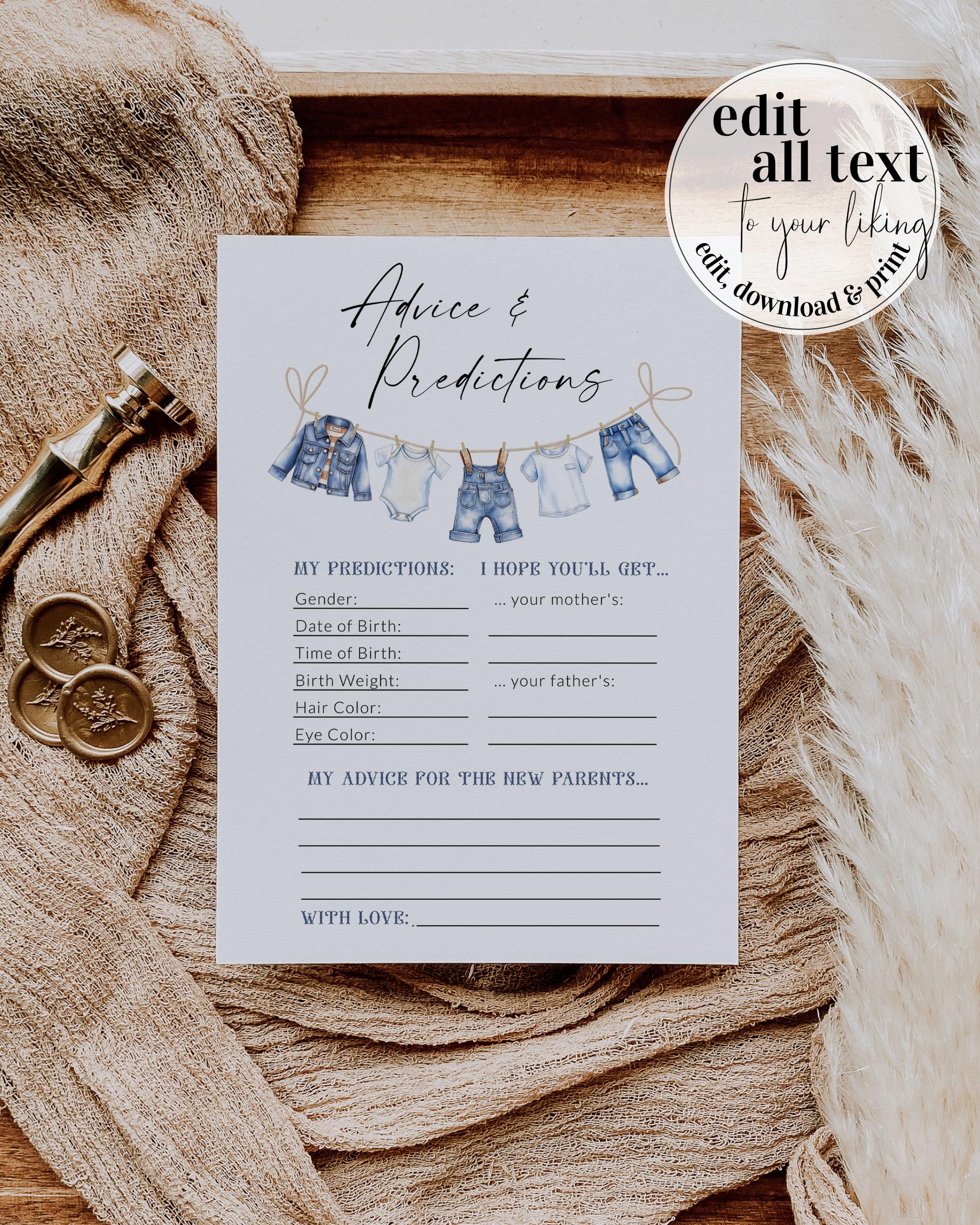 Blue Jean Baby Shower Advice and Predictions Game Card Boy Denim Diamond Blue Jeans Baby on the Way Boy Denim Baby Shower Game Template #072