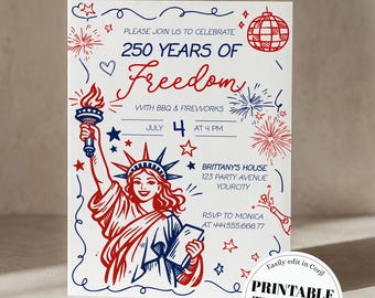 Fourth of July Party Invitation, America 250 Lady Liberty Fireworks Invite, Editable Template 070IND-INV