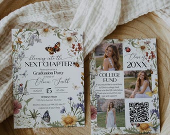 Next Chapter Graduation Template, Wildflower Butterfly Party Invite, Senior Floral Photo Announcement Card 100LB-GRINV