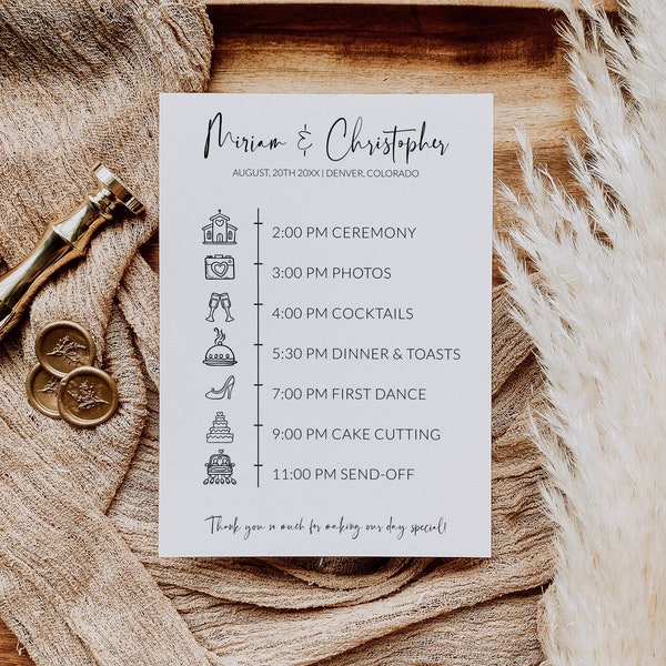 Minimalist Wedding Timeline Letter Template to download and print for Wedding Itinerary, Simple Wedding Decor  #072