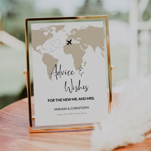 Ratschläge und Wünsche Printable Schild als Geschenk für das Paar für den Hochzeitspass und die Hochzeitsdekoration mit der Weltkarte #072w
