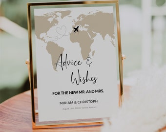 Destination Wedding Advice and Wishes Sign Template, World Map Printable Gift 072W-ADSIGN