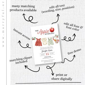 May include: A white invitation card with the text "The Apple of Our Eye!" and baby clothes illustrations. Features include editable text, font, and color, instant access, and matching clipart. The card is for a baby shower.