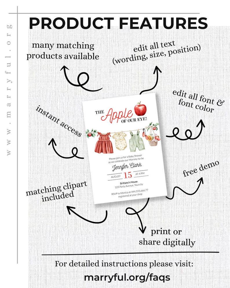May include: A white invitation card with the text "The Apple of Our Eye!" and baby clothes illustrations. Features include editable text, font, and color, instant access, and matching clipart. The card is for a baby shower.