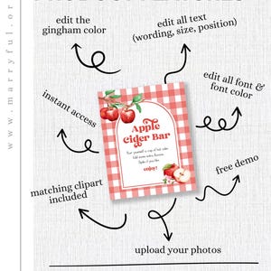 Puede incluir: Gr&aacute;fico promocional para un "Apple Cider Bar" con un dise&ntilde;o de cuadros rojos y blancos. La imagen destaca funciones como la edici&oacute;n de texto y color, la personalizaci&oacute;n de fuentes y la carga de fotos. Tambi&eacute;n menciona acceso instant&aacute;neo y una demostraci&oacute;n gratuita.