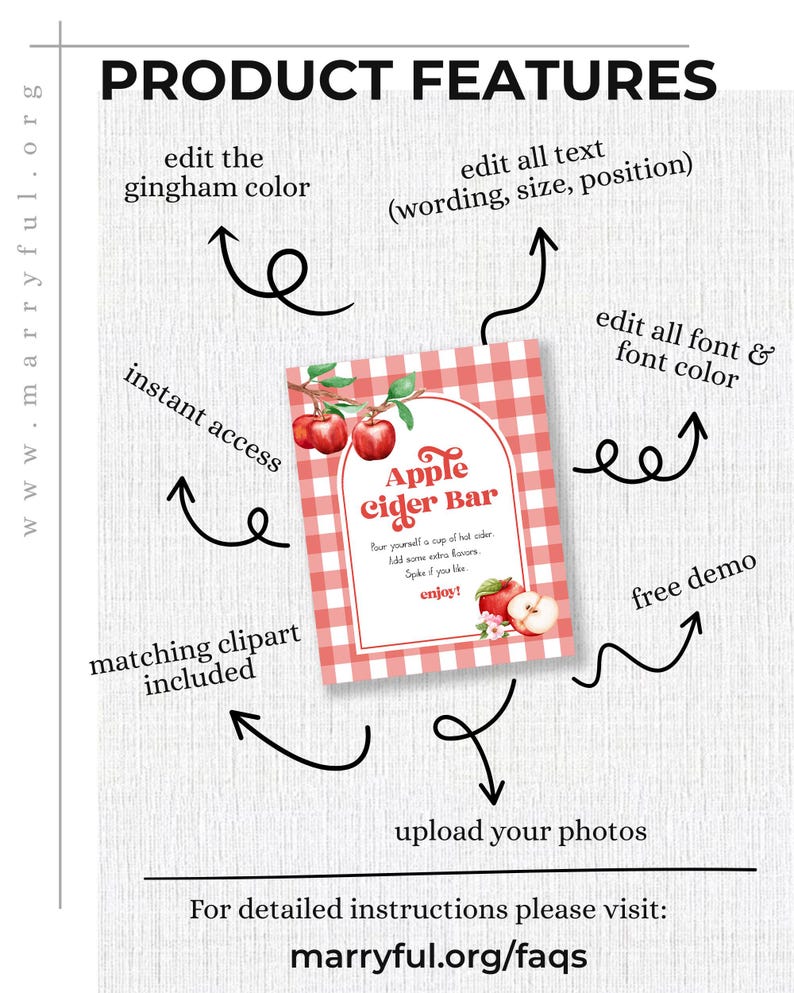 Puede incluir: Gr&aacute;fico promocional para un "Apple Cider Bar" con un dise&ntilde;o de cuadros rojos y blancos. La imagen destaca funciones como la edici&oacute;n de texto y color, la personalizaci&oacute;n de fuentes y la carga de fotos. Tambi&eacute;n menciona acceso instant&aacute;neo y una demostraci&oacute;n gratuita.