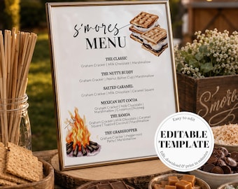 May include: A framed s'mores menu with a watercolor illustration of a campfire and s'mores. The menu lists various s'mores flavors like The Classic, The Nutty Buddy, and Mexican Hot Cocoa. Ingredients like graham crackers, chocolate, and marshmallows are displayed.