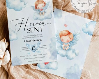 May include: A baby shower invitation with a blue and white watercolor background featuring clouds and angels. The text reads "Heaven Sent" and includes details for the event, such as the date, time, and location.